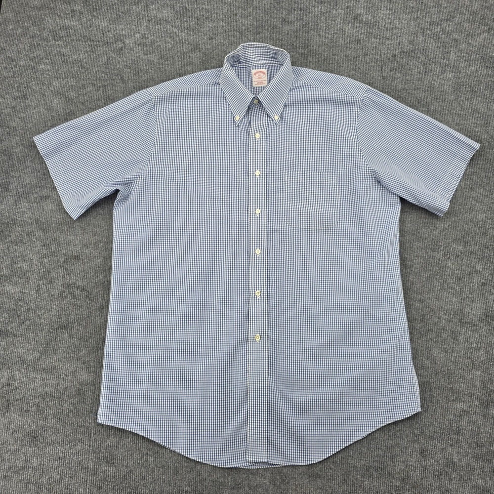 Brooks Brothers 346 Mens 16.5 Short Sleeve Gingham Non-Iron Cotton Shirt Blue